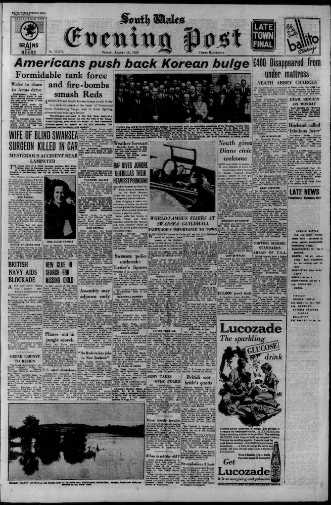 Front page of the South Wales Daily Post from 18 August 1950